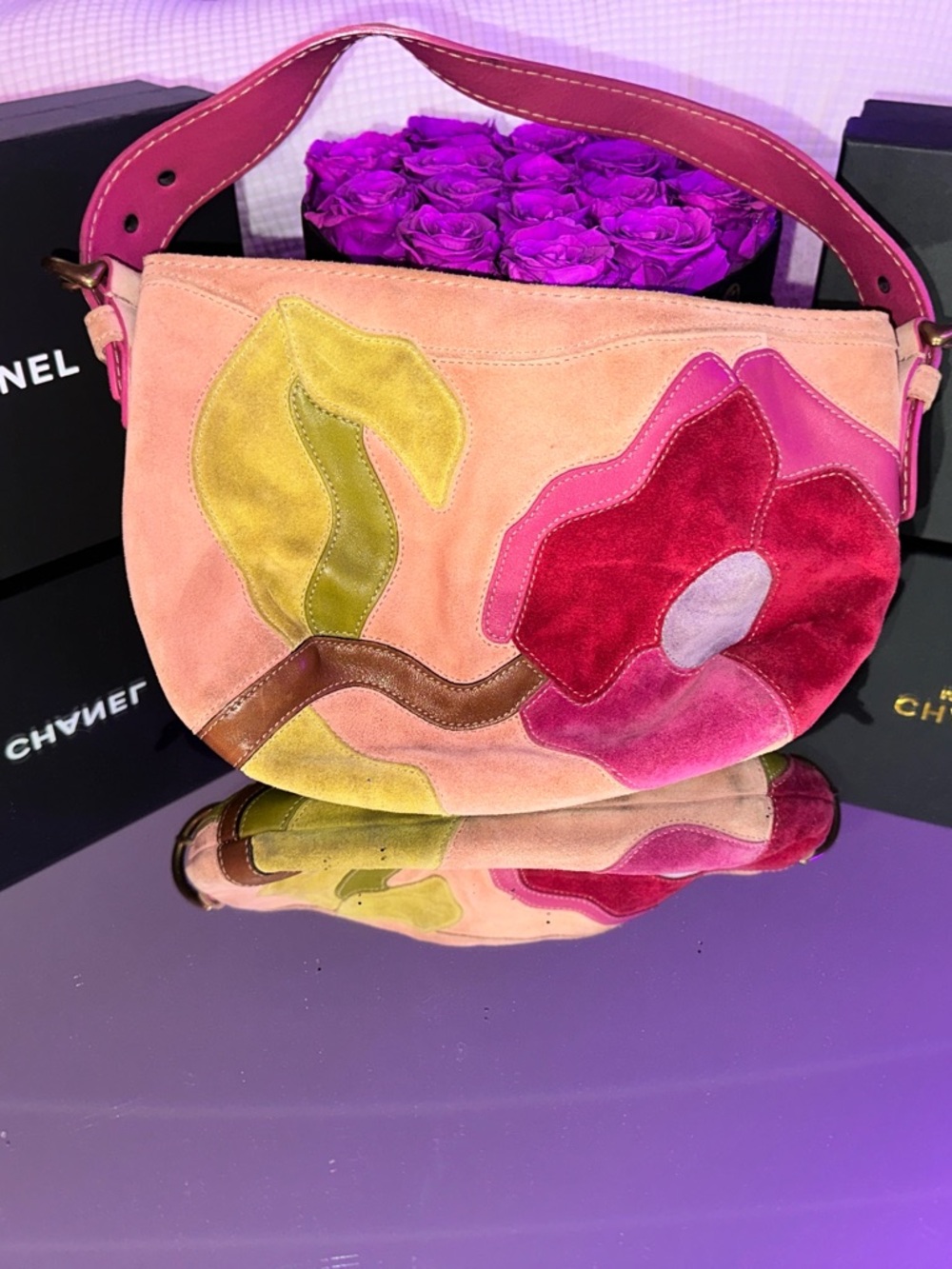 Y2K vintage COACH Pink Suede Floral Appliqué Shoulder Bag